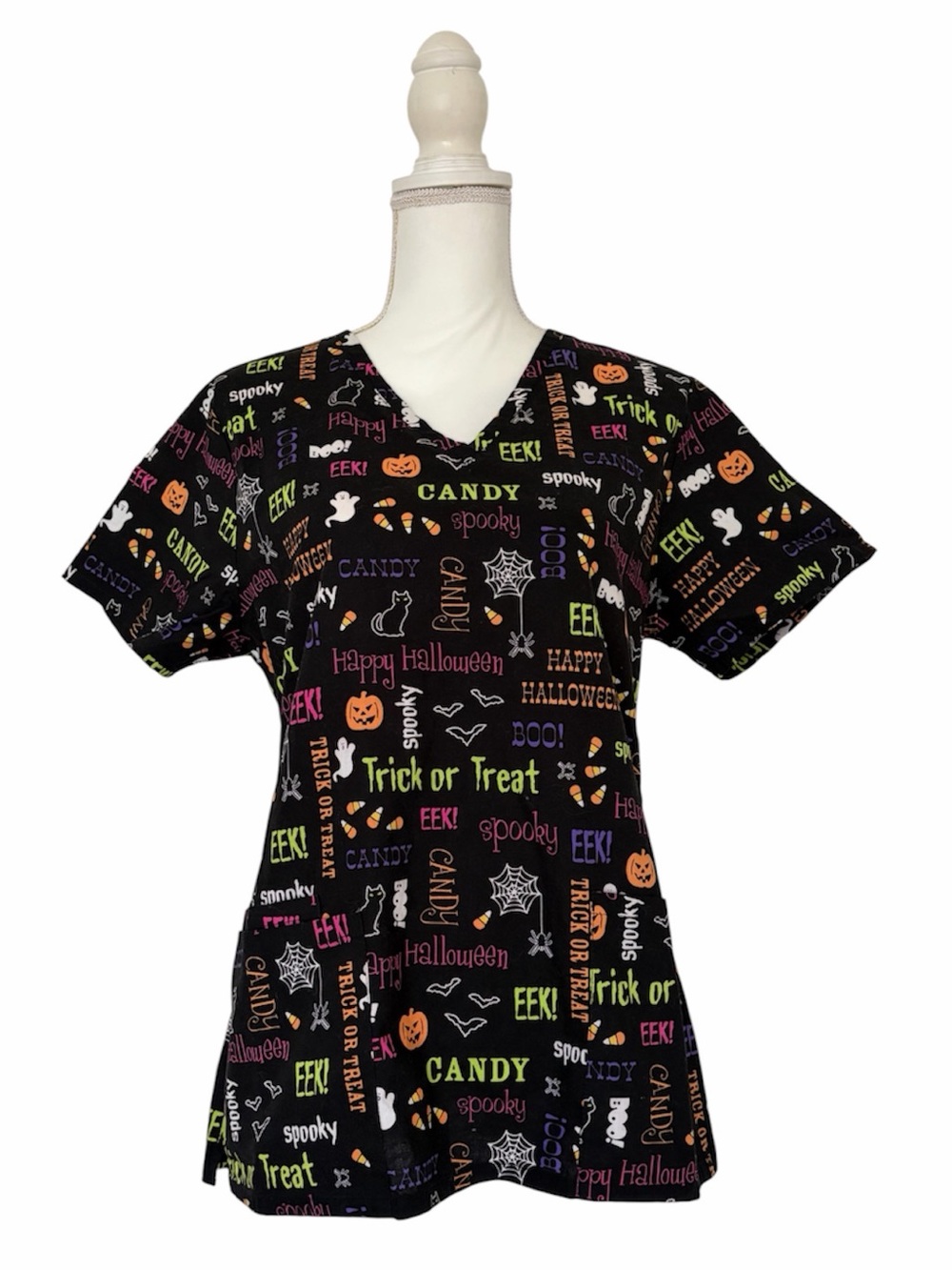 SB Scrubs Halloween Print Nursing Scrub Top - Black Multicolor Text & Motifs